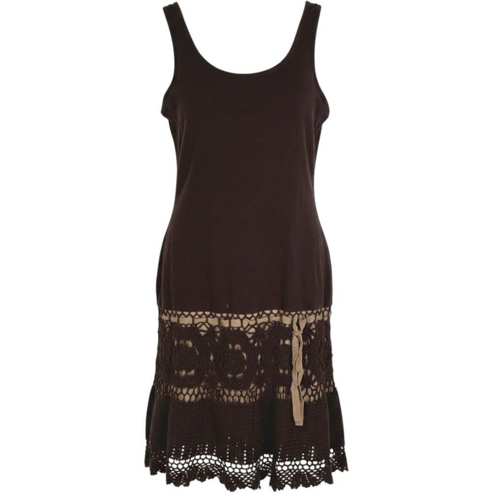 Vintage Womens Brown Ribbed Crochet Lace Racerback Tank Mini Dress Size S Boho